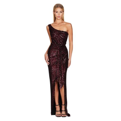 One Shoulder Sequined Gown Slit Maxi Dresses - Image 14