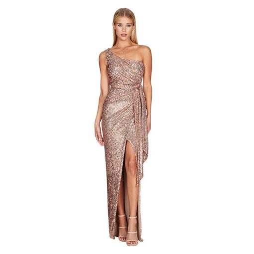 One Shoulder Sequined Gown Slit Maxi Dresses - Image 13