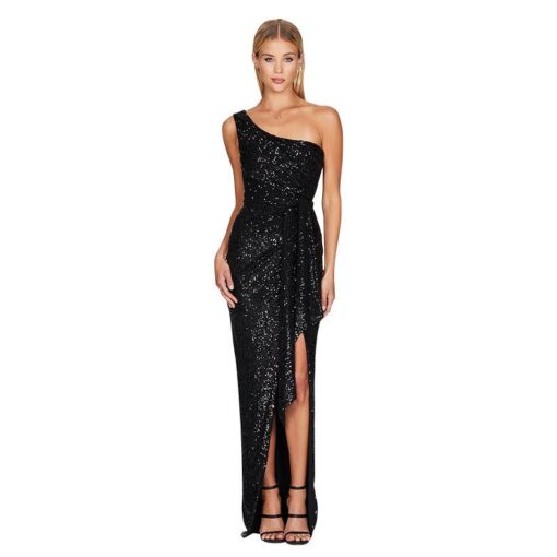 One Shoulder Sequined Gown Slit Maxi Dresses - Image 12