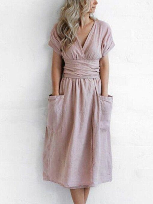 Linen Solid Lace Up Dress - Image 8