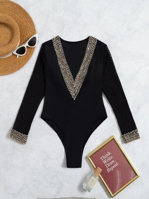 Women's Solid Color Long Sleeve Sunscreen One Piece Swimsuit - Image 6