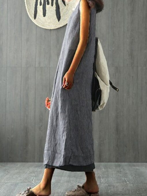 Women's Solid Color Round Neck Loose Sleeveless Cotton Linen Dress - Image 3