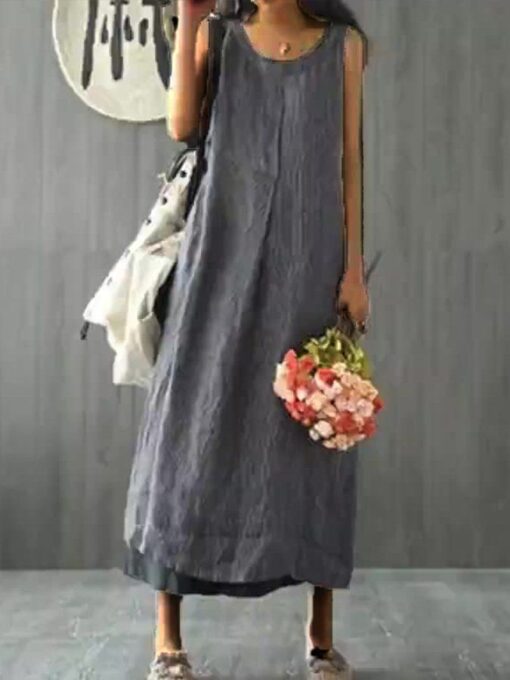 Women's Solid Color Round Neck Loose Sleeveless Cotton Linen Dress - Image 2