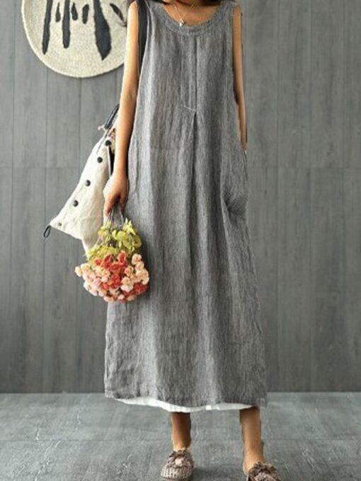 Women's Solid Color Round Neck Loose Sleeveless Cotton Linen Dress - Image 4