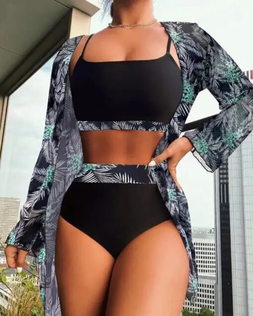 3PCS Tropical Print Square Neck Bikini Set With Cover Up - Image 2