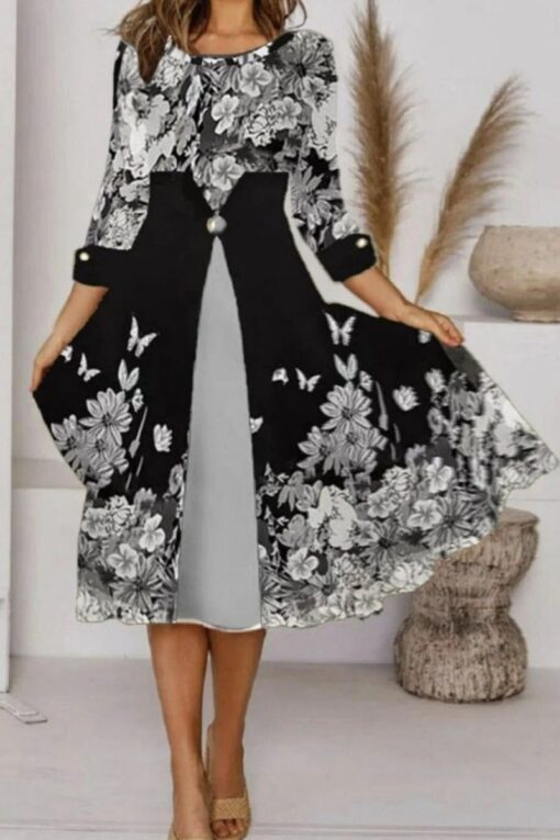 Women's 3/4 Sleeve Scoop Neck Floral Printed Midi Dress