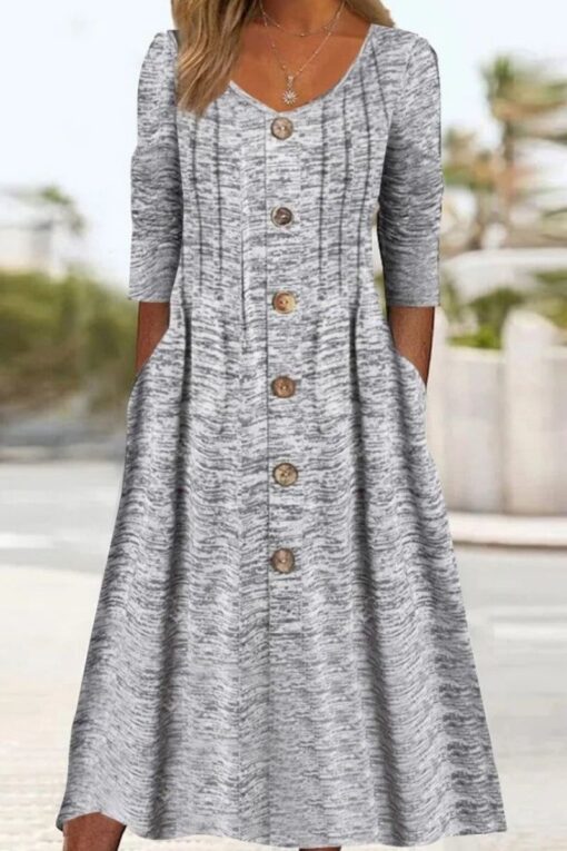 Women's Long Sleeve V-neck Button Graphic Midi Dress