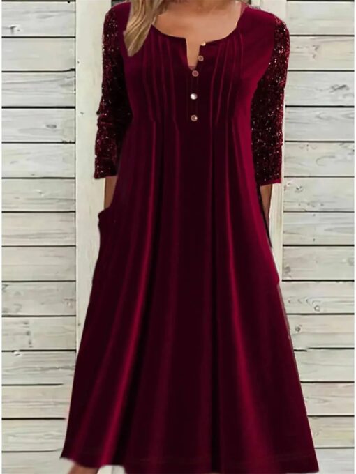 Women's Long Sleeve V-neck Buttons Midi Dress