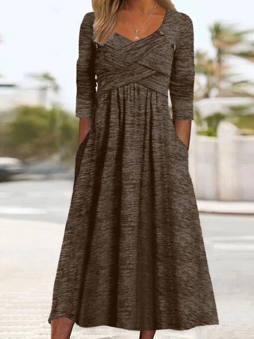 Women's Long Sleeve V-neck Cross Design Midi Dress - Image 2