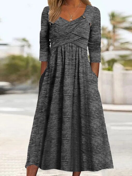 Women's Long Sleeve V-neck Cross Design Midi Dress - Image 3