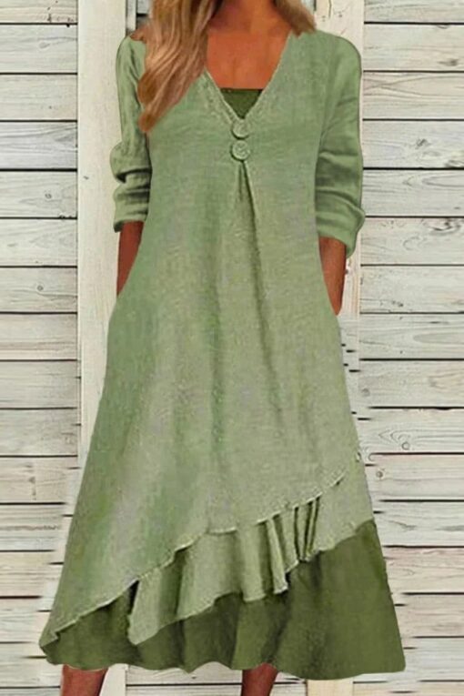 Women's Long Sleeve V-Neck Stitching Buttons Midi Dress