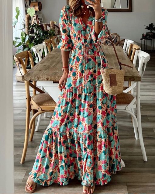 Casual V-Neck Printed Maxi Dress - Image 2