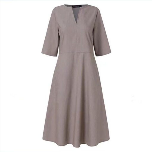 Solid Color Cotton Linen Casual Dress - Image 4