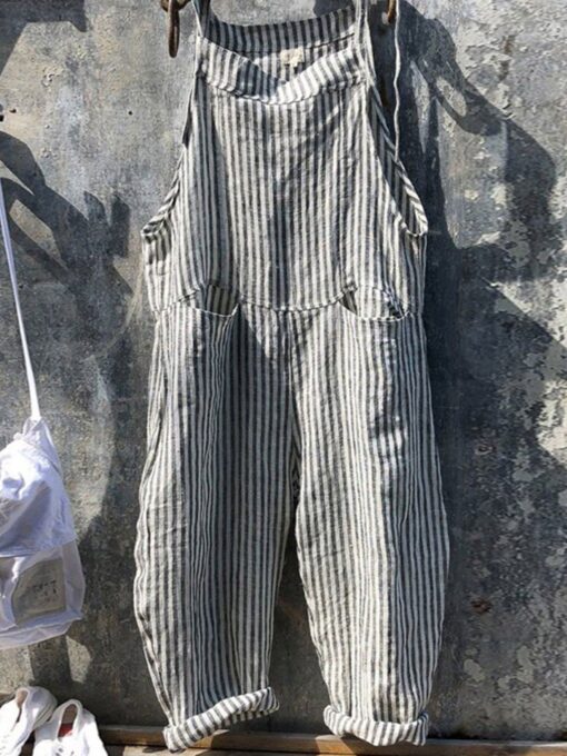 Women's Adjustable Striped Cotton Jumpsuit - Image 2