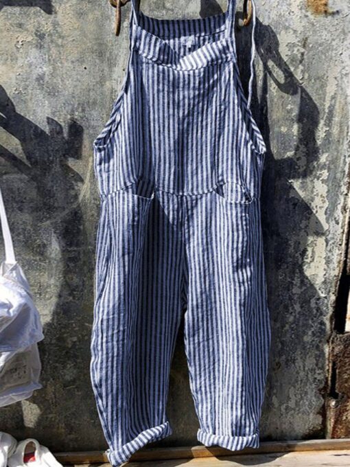 Women's Adjustable Striped Cotton Jumpsuit - Image 3