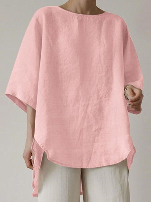 Women's Casual Pure Color Half Sleeve Cotton And Linen Shirt - Image 2