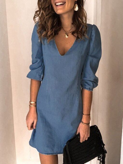 Women's Solid Color V-Neck Mid-Sleeve Loose Cotton Linen Dress