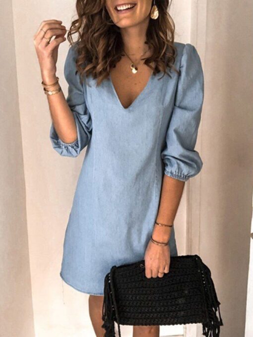 Women's Solid Color V-Neck Mid-Sleeve Loose Cotton Linen Dress - Image 3