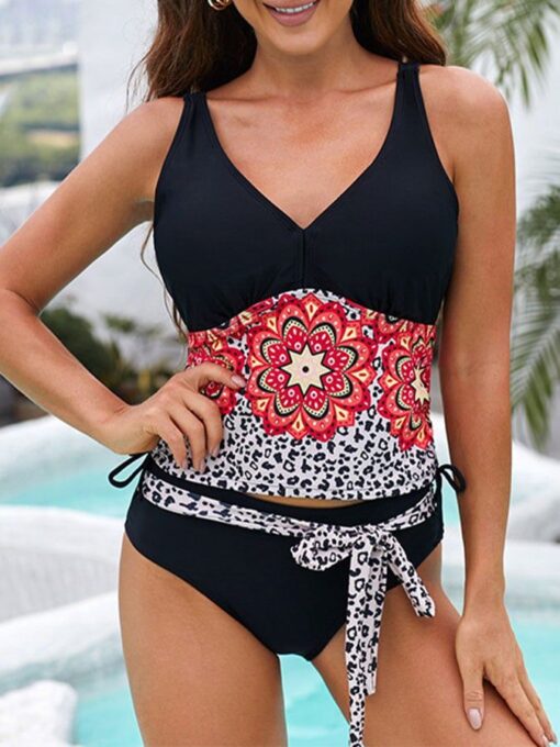 Floral Leopard Strappy Knot Side Tankini Set - Image 3