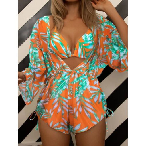 Three-piece bikini leaf print waist lace up long-sleeved beach sunscreen swimsuit - Image 2