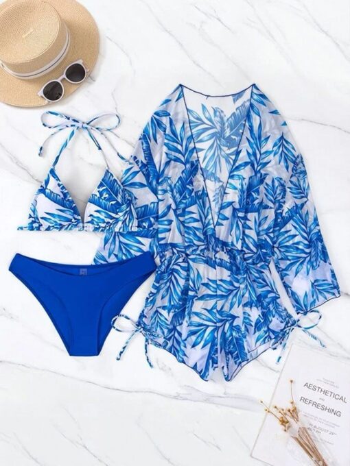 Three-piece bikini leaf print waist lace up long-sleeved beach sunscreen swimsuit - Image 11