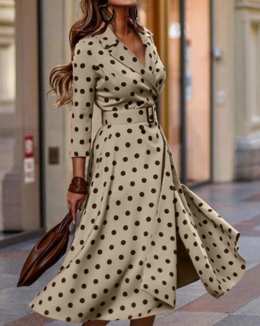 Fashion Polka Dot Print V-Neck Dress with Belt - Image 3