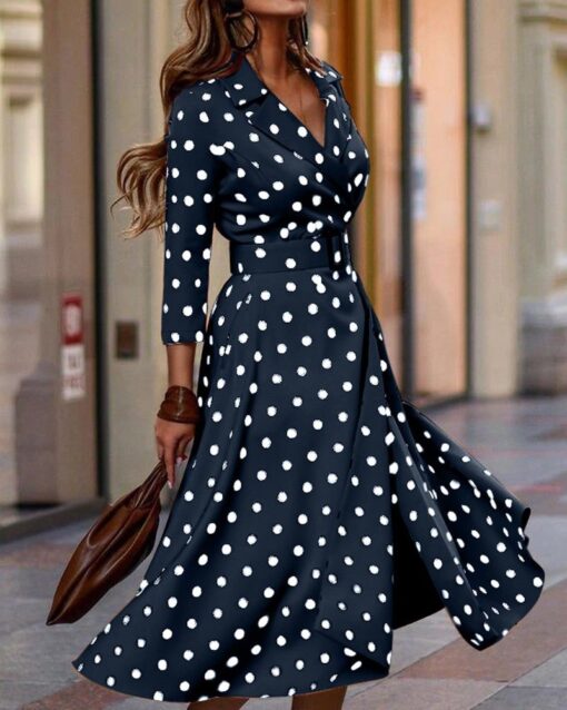 Fashion Polka Dot Print V-Neck Dress with Belt - Image 2