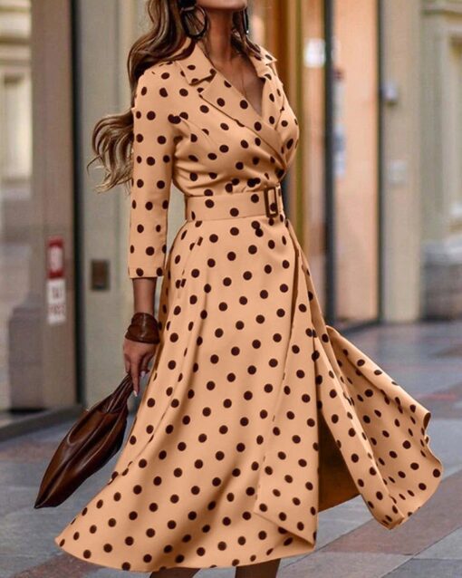 Fashion Polka Dot Print V-Neck Dress with Belt