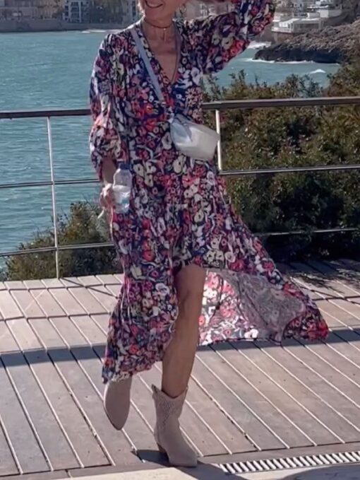 Floral Printed Half Sleeves V-Neck Maxi Dresses