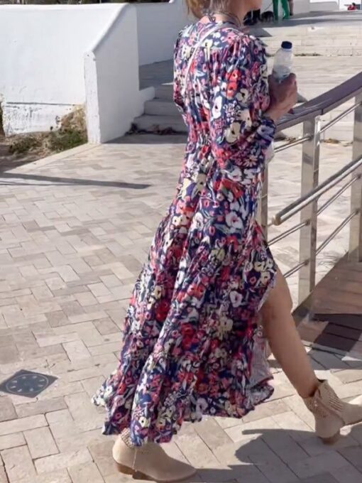 Floral Printed Half Sleeves V-Neck Maxi Dresses - Image 2