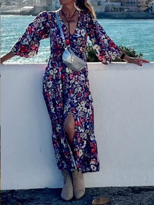 Floral Printed Half Sleeves V-Neck Maxi Dresses - Image 3