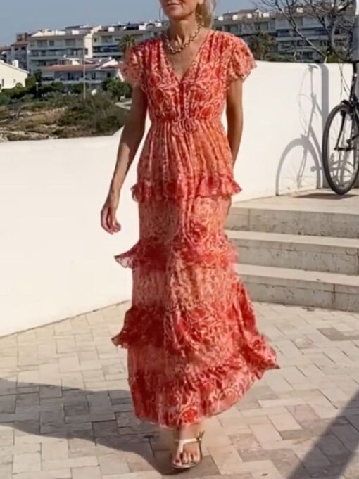 Floral Printed Tiered Empire Short Sleeves V-Neck Maxi Dresses