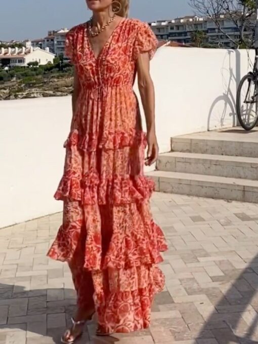 Floral Printed Tiered Empire Short Sleeves V-Neck Maxi Dresses - Image 2