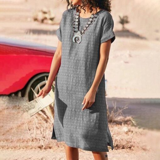 Solid Color Cotton And Linen Casual  Dress - Image 2