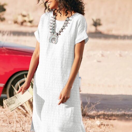 Solid Color Cotton And Linen Casual  Dress - Image 3