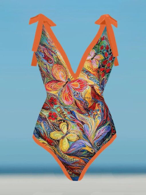 V-Neck Butterfly Art Print One-Piece Swimsuit Set - Image 2