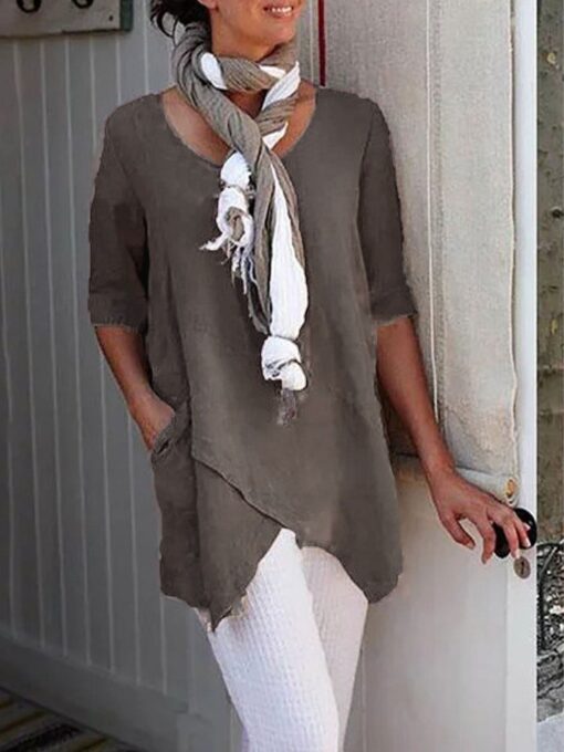 Women's Round Neck Solid Color Casual Cotton Linen Short Sleeves - Image 5