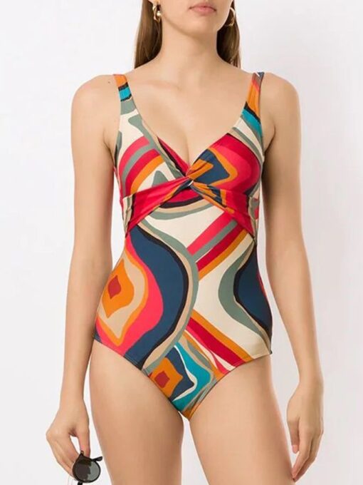 Fashion Colorblock Geometric Print Swimsuit Set - Image 2