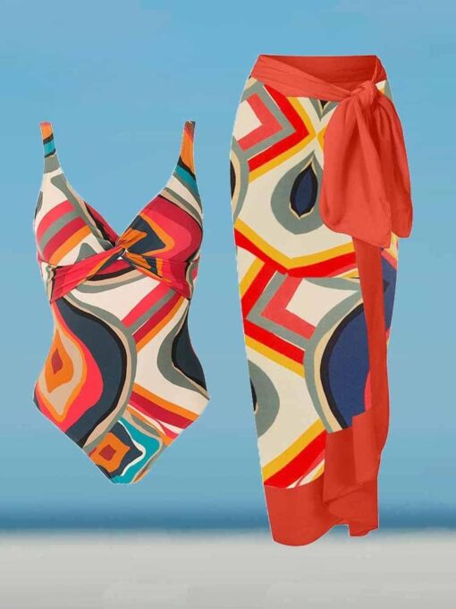 Fashion Colorblock Geometric Print Swimsuit Set