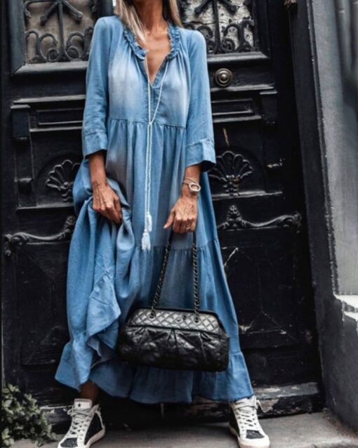 3/4 Sleeve Long Washed Denim Dress - Image 3