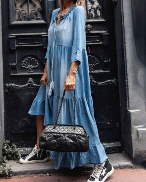 3/4 Sleeve Long Washed Denim Dress