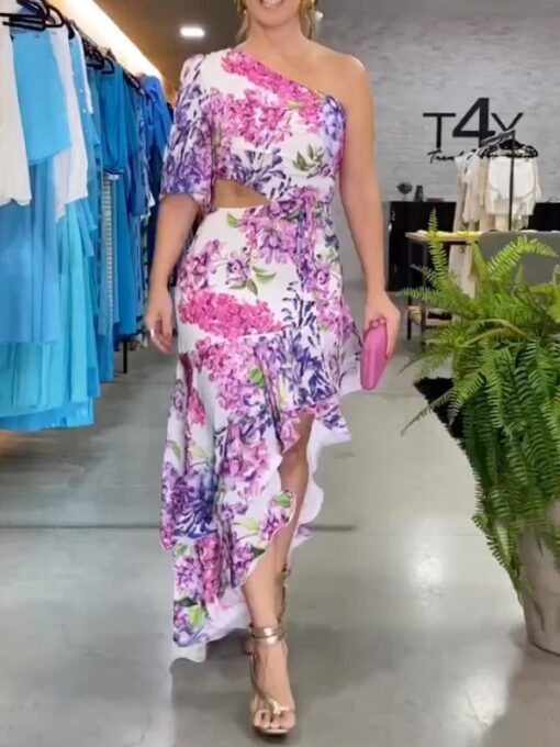 Asymmetric Belly-Hollow Floral Printed Long Sleeves One-Shoulder Maxi Dresses - Image 3