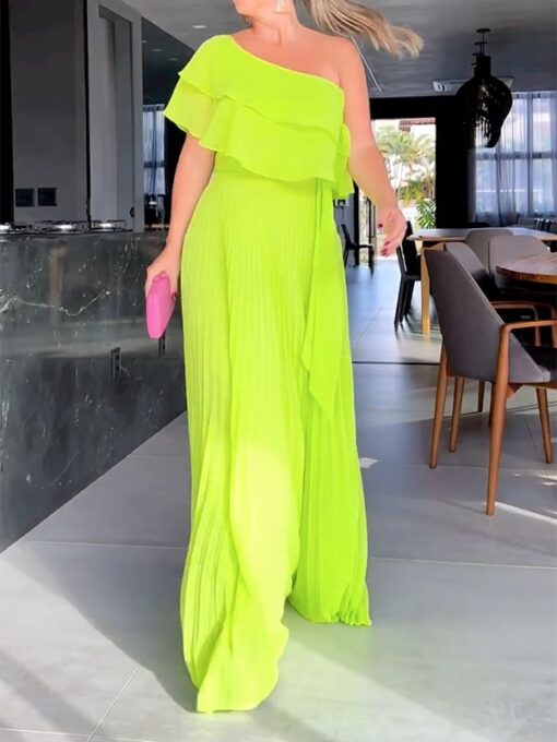 Asymmetric Fluorescent Split-Joint Loose One-Shoulder Maxi Dresses - Image 3