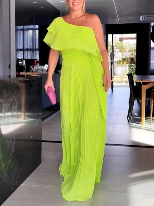 Asymmetric Fluorescent Split-Joint Loose One-Shoulder Maxi Dresses