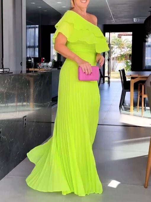 Asymmetric Fluorescent Split-Joint Loose One-Shoulder Maxi Dresses - Image 4