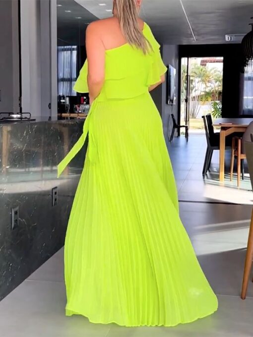 Asymmetric Fluorescent Split-Joint Loose One-Shoulder Maxi Dresses - Image 2