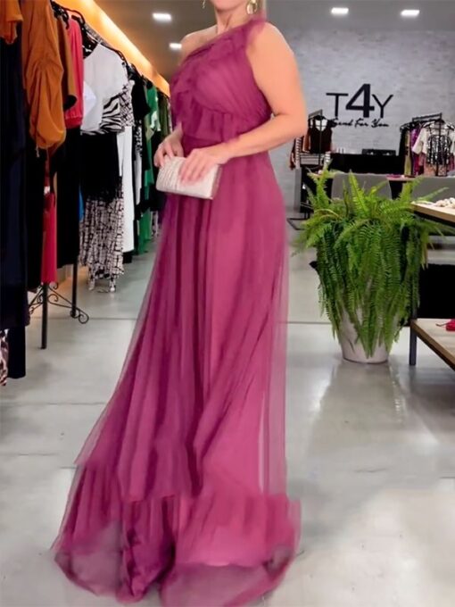 Asymmetric Mesh Solid Color Sleeveless One-Shoulder Maxi Dresses