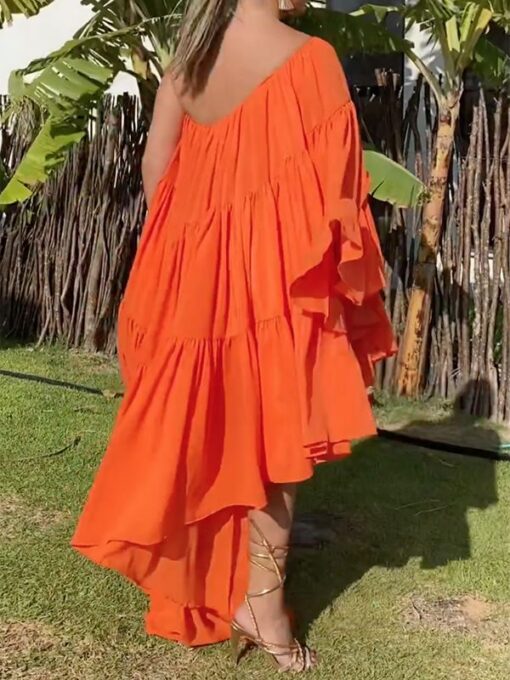 Asymmetric Pleated Solid Color Long Sleeves Loose One-Shoulder Maxi Dresses - Image 2