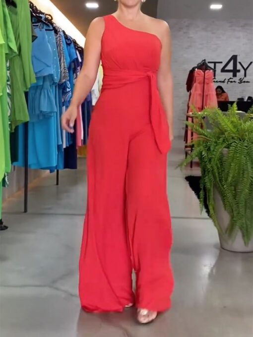 Asymmetric Solid Color Loose Sleeveless One-Shoulder Jumpsuits