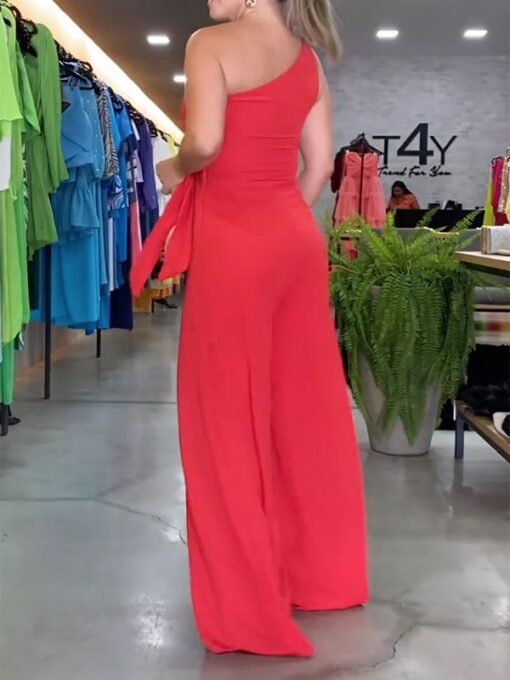 Asymmetric Solid Color Loose Sleeveless One-Shoulder Jumpsuits - Image 3